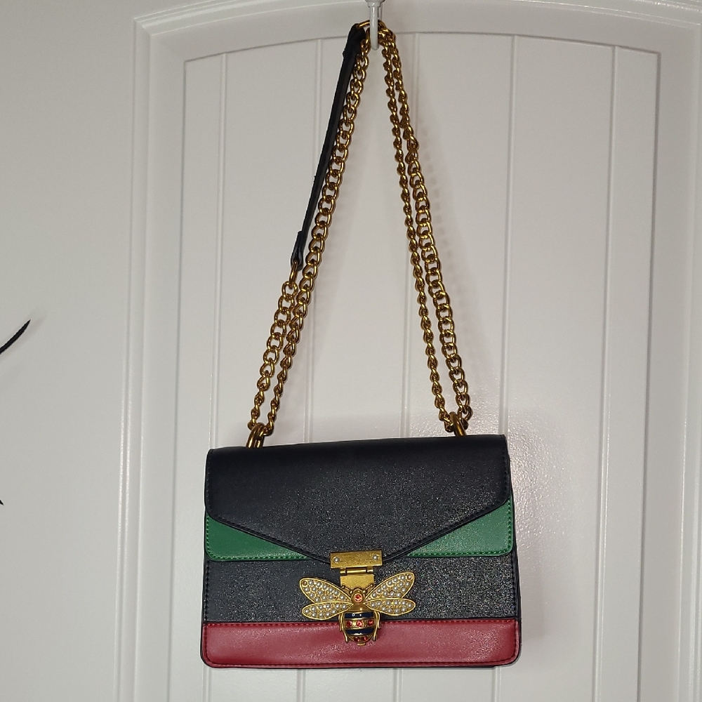 Elegant Black, Green, and Red Women's Bag with Gold Chain
